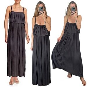 H by Halston Dark Charcoal Grey Spaghetti Strap Pleated Flowy Maxi Dress